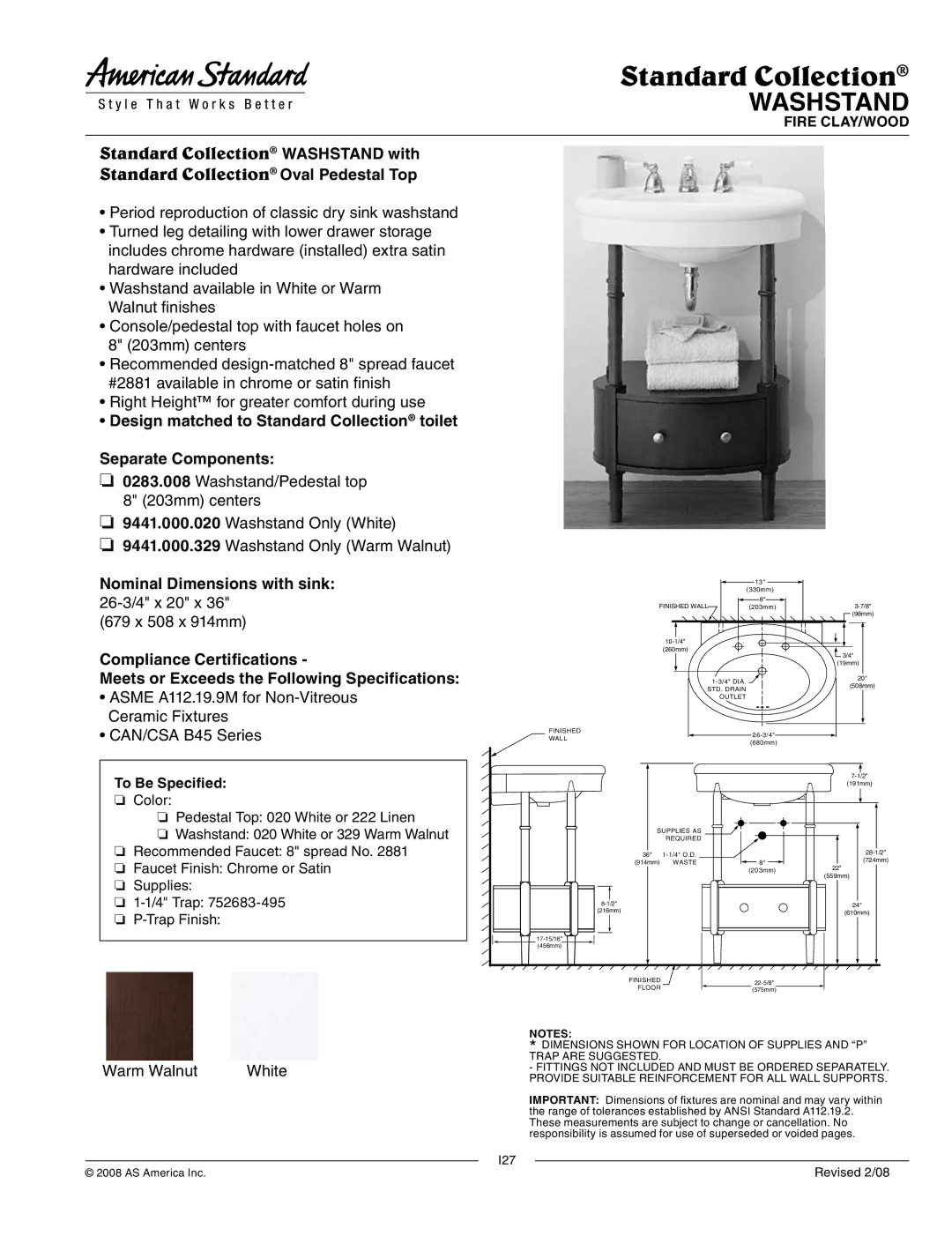 American Standard 9441.000.020 dimensions Standard Collection, Washstand, 26-3/4 x 20 x 679 x 508 x 914mm, To Be Specified 