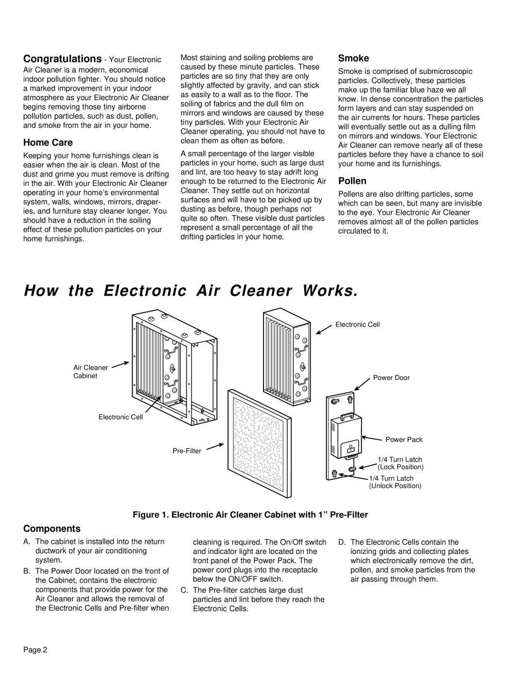 American Standard manual How the Electronic Air Cleaner Works, Home Care, Smoke, Pollen, Components 