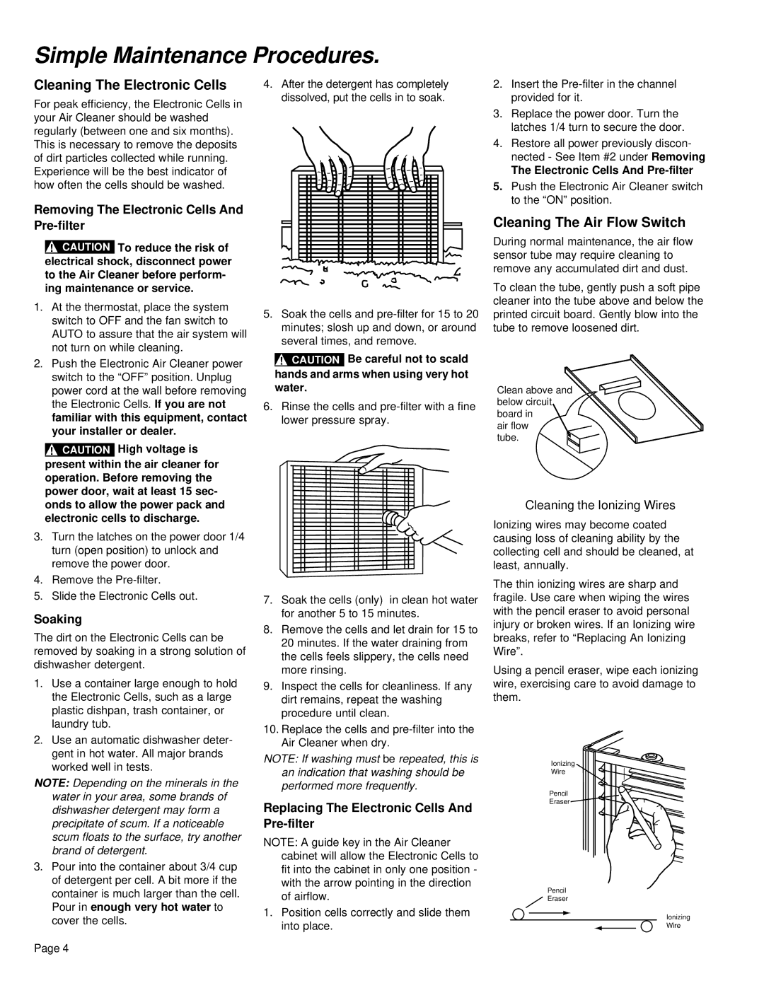 American Standard Electronic Air Cleaner manual Simple Maintenance Procedures, Cleaning The Electronic Cells 