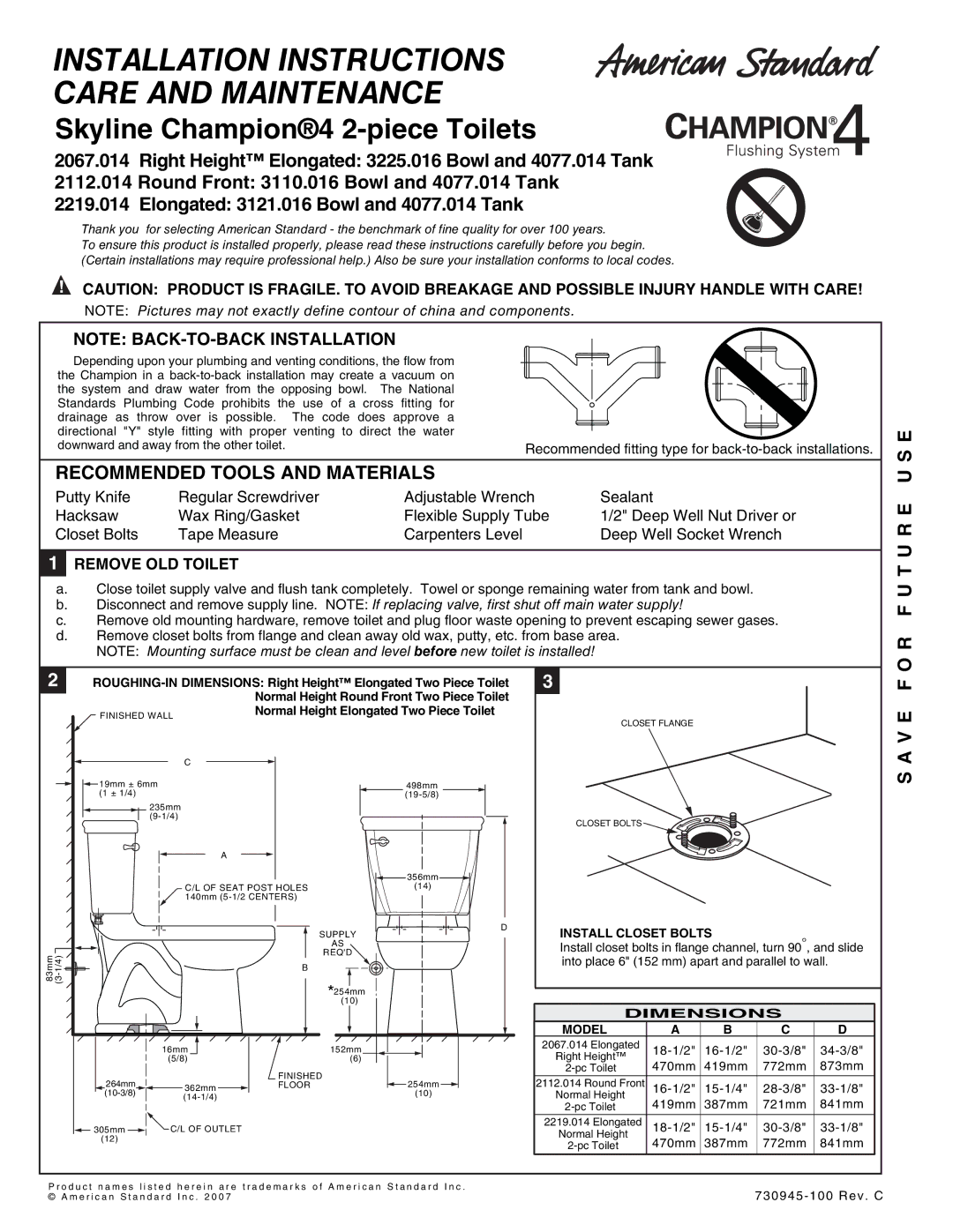 American Standard 4077.014, 3225.016 warranty Recommended Tools and Materials, F U T U R E U S E, V E F, Remove OLD Toilet 