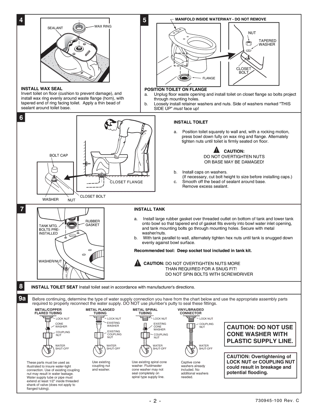 American Standard 4077.014 Tank, 4077.014 Bowl Install WAX Seal, Position Toilet on Flange, Install Toilet, Install Tank 