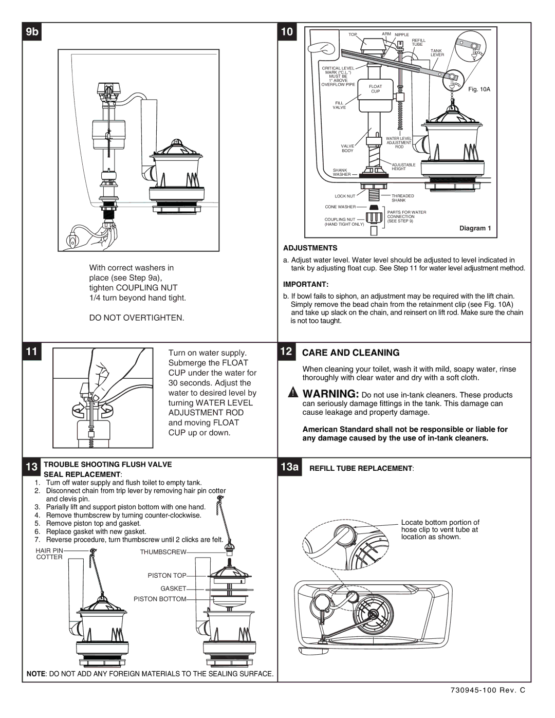 American Standard 4077.014 Bowl, 3225.016 Care and Cleaning, Adjustments, Trouble Shooting Flush Valve, Seal Replacement 