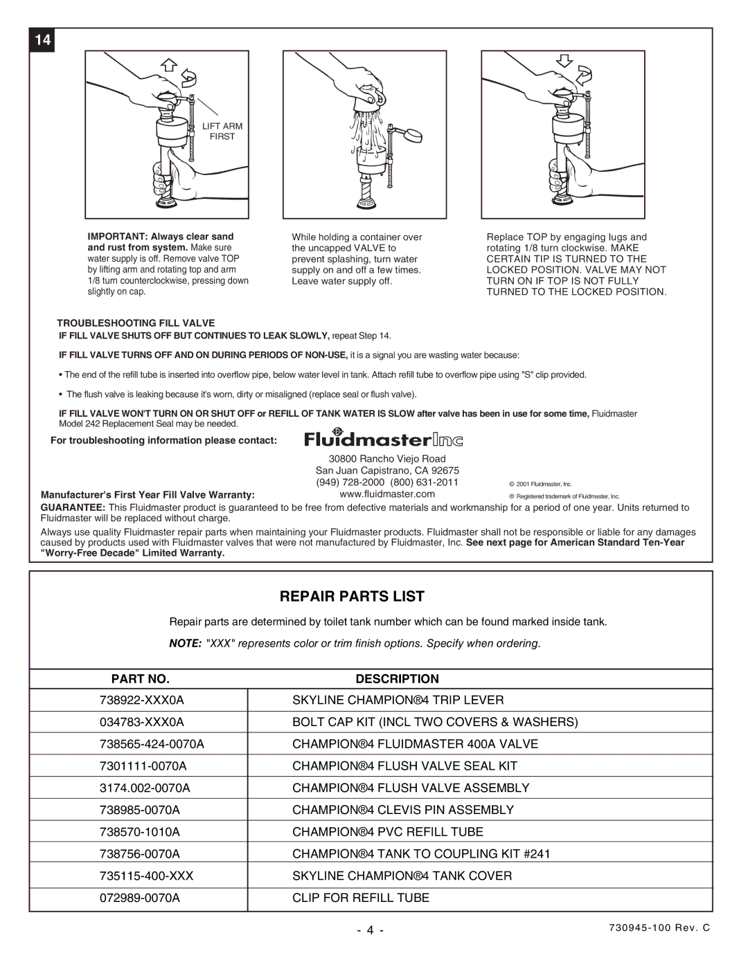 American Standard 3225.016, Elongated 3110.010 Bowl, 4077.014 Repair Parts List, Description, Troubleshooting Fill Valve 