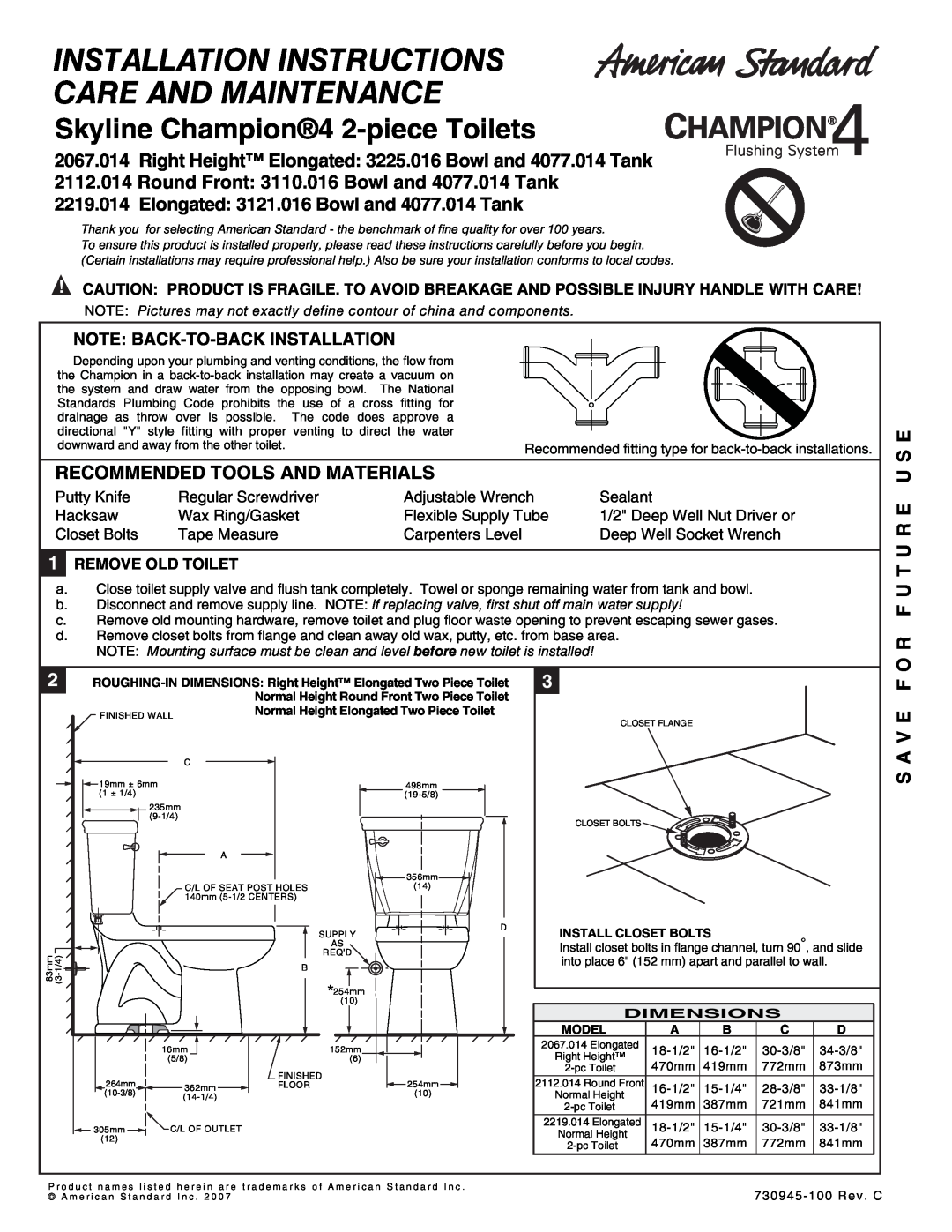 American Standard 4077.014 warranty Recommended Tools And Materials, O R F U T U R E U S E, S A V E F, 1REMOVE OLD TOILET 