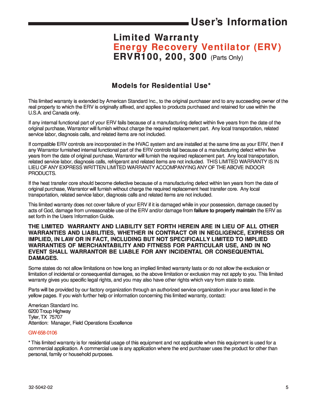 American Standard ERVR100A9P00A manual Limited Warranty, Energy Recovery Ventilator ERV, ERVR100, 200, 300 Parts Only 