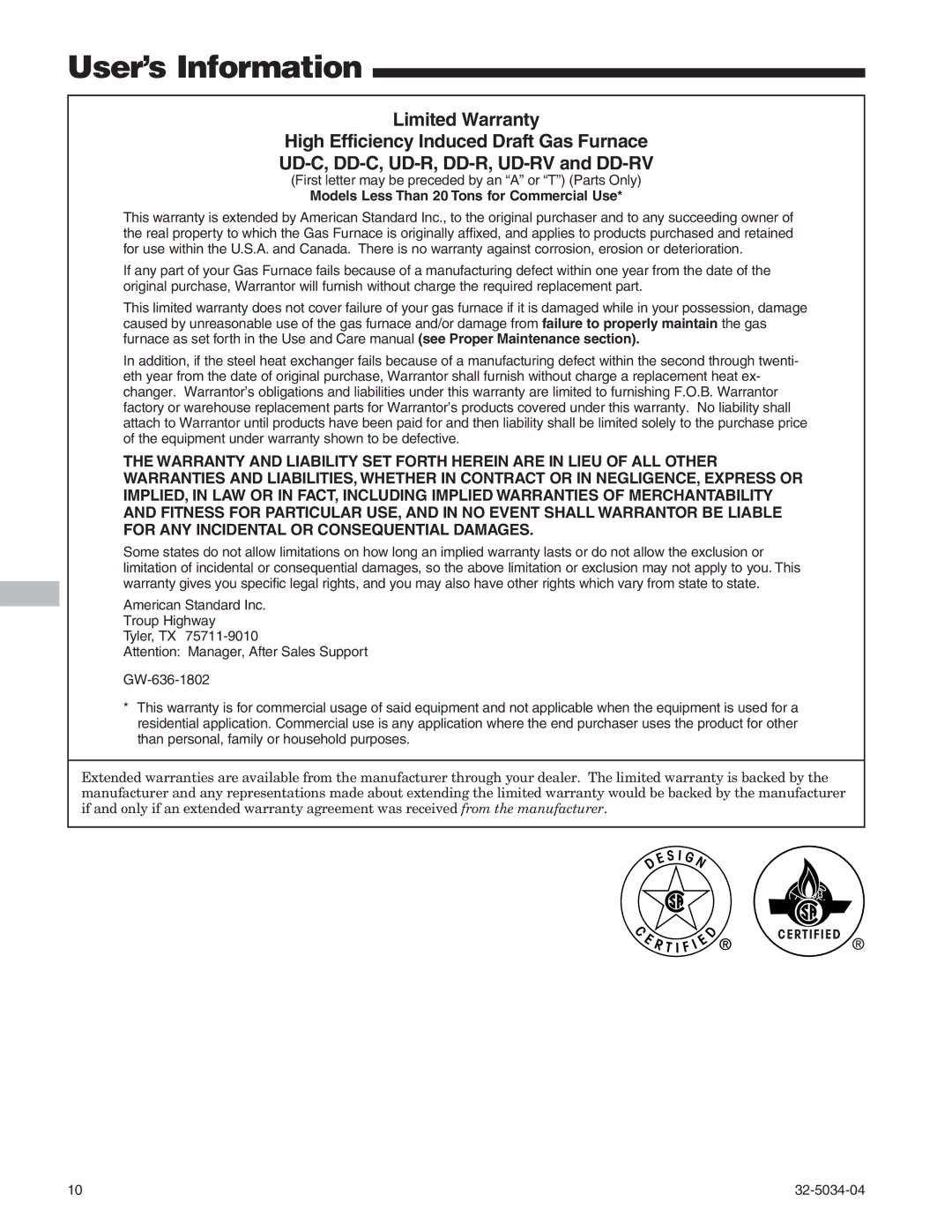 American Standard Gas Furnaces warranty Models Less Than 20 Tons for Commercial Use 