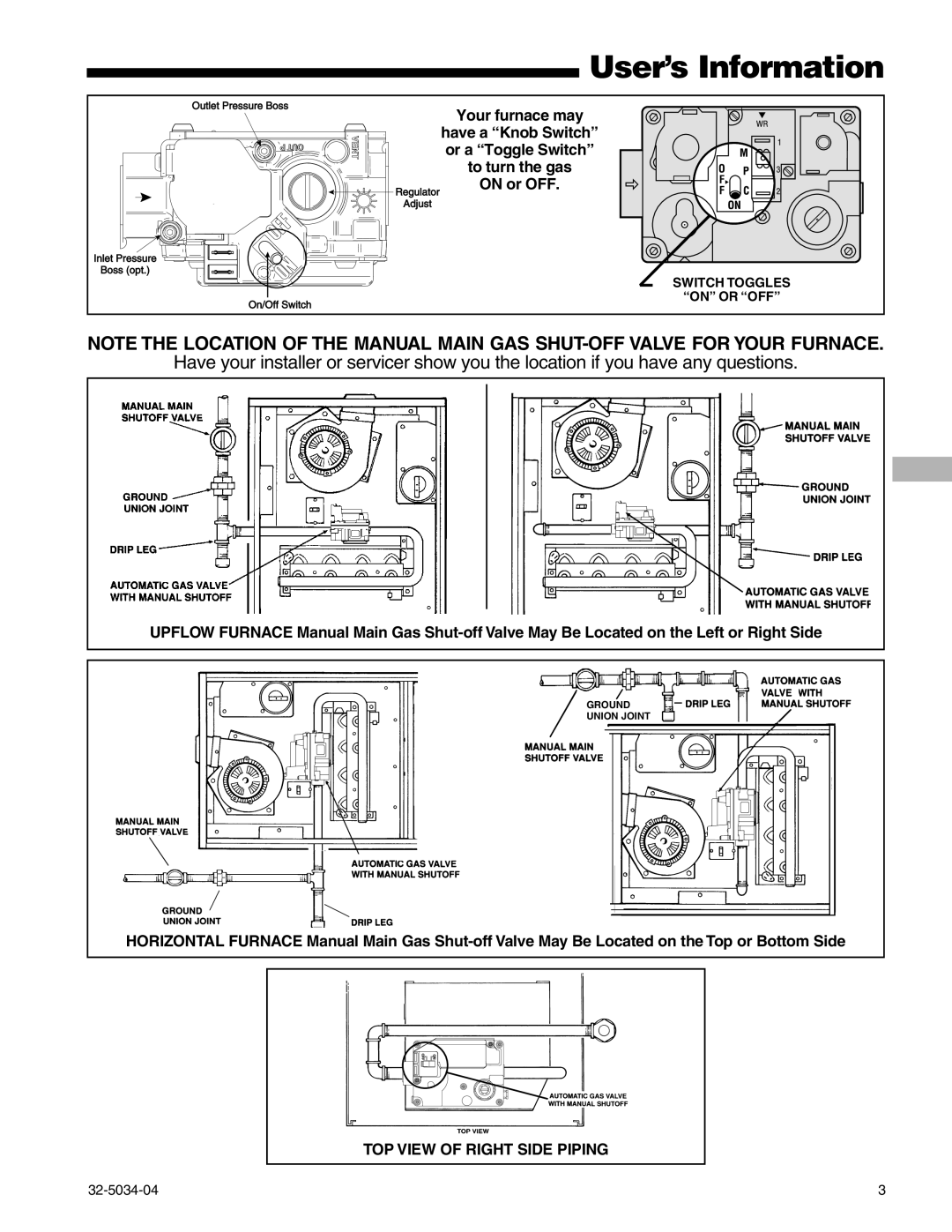 American Standard Gas Furnaces Your furnace may, Have a Knob Switch, Or a Toggle Switch, To turn the gas, On or OFF 