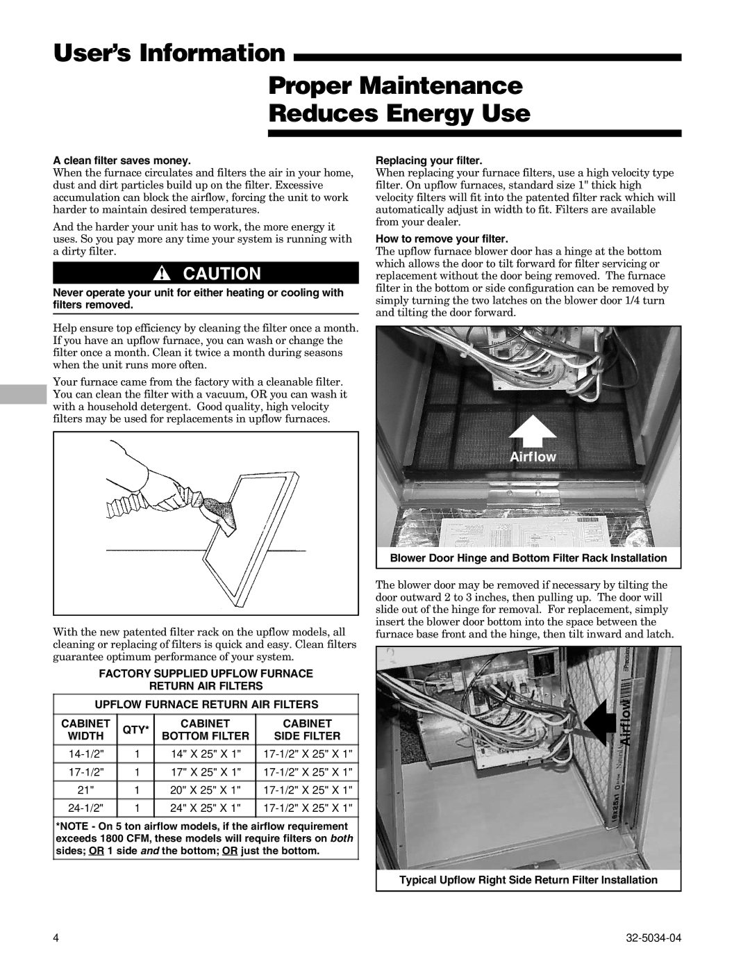 American Standard Gas Furnaces warranty User’s Information Proper Maintenance Reduces Energy Use 