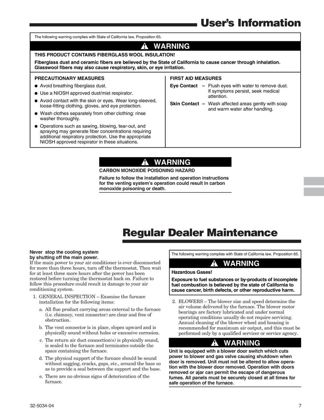 American Standard Gas Furnaces warranty Regular Dealer Maintenance, Eye Contact, Skin Contact, Hazardous Gases 