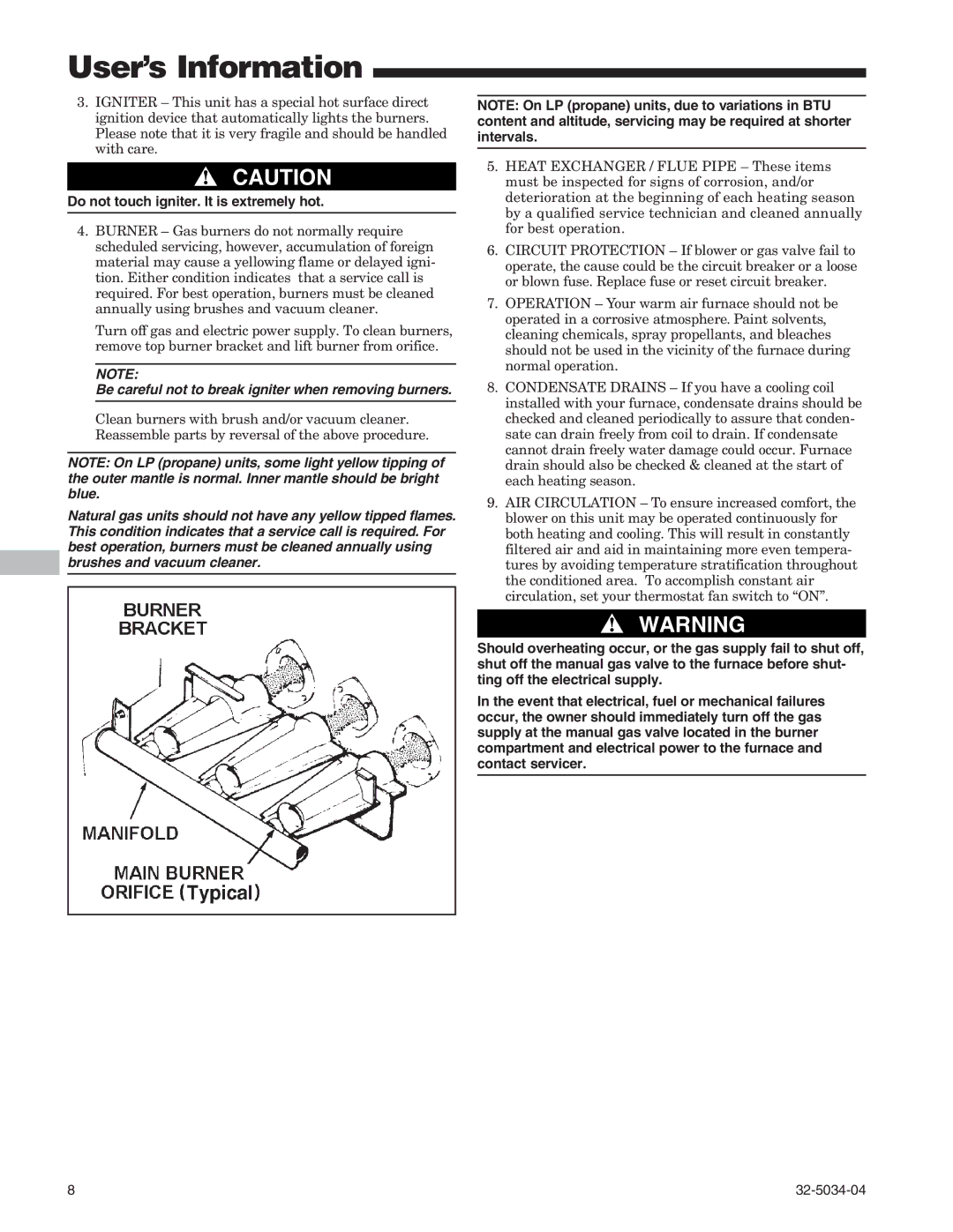 American Standard Gas Furnaces warranty Do not touch igniter. It is extremely hot 