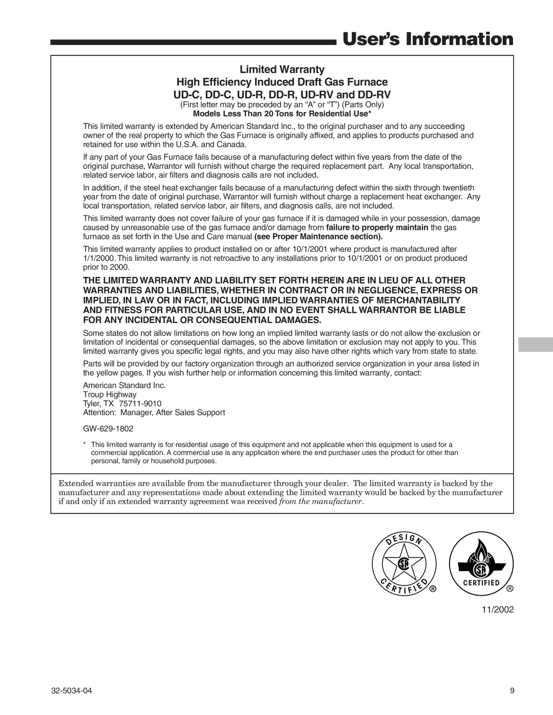 American Standard Gas Furnaces warranty Models Less Than 20 Tons for Residential Use 