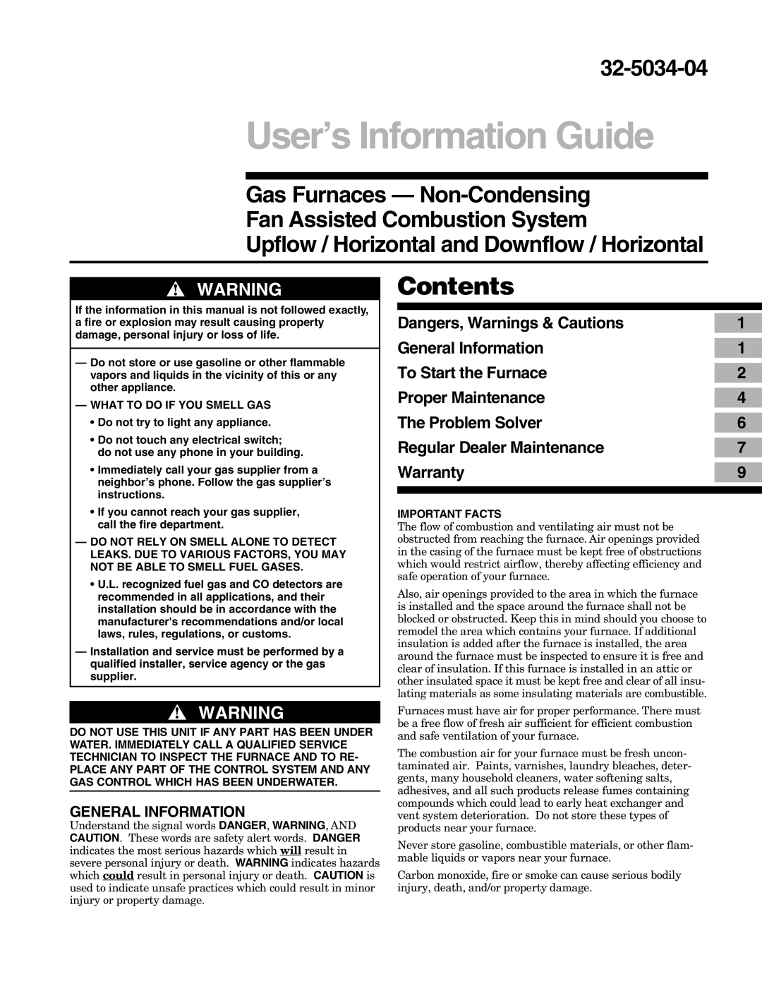 American Standard warranty Contents, User’s Information Guide, 32-5034-04, Gas Furnaces — Non-Condensing 