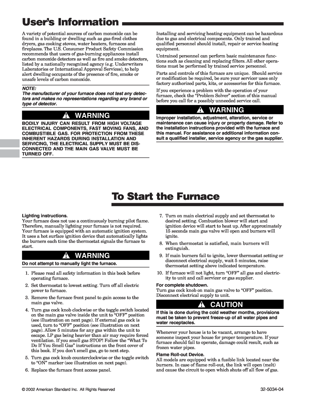 American Standard Gas Furnaces User’s Information, To Start the Furnace, Lighting instructions, For complete shutdown 