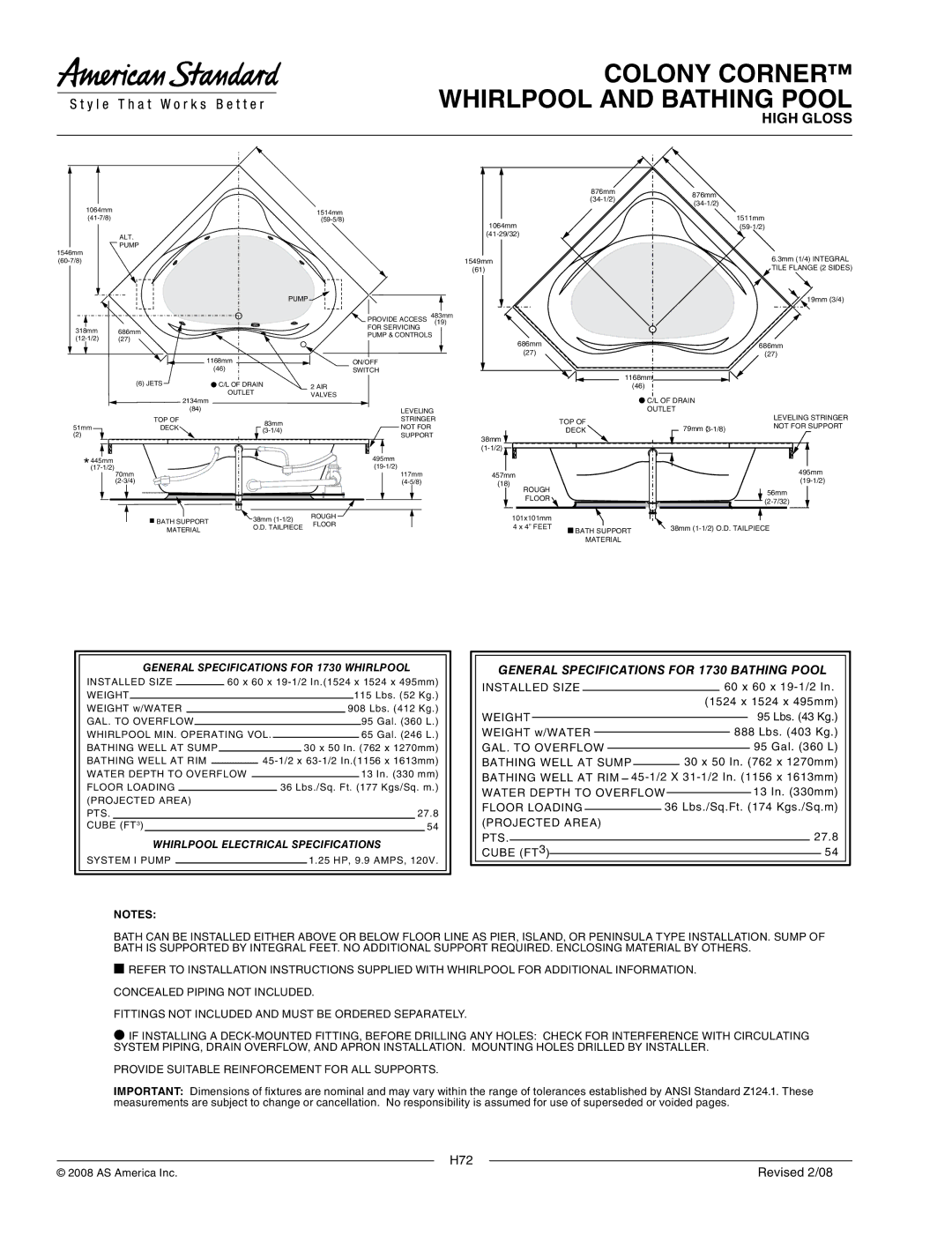 American Standard H71, 1730.002, 1730.018C dimensions General Specifications for 1730 Bathing Pool 