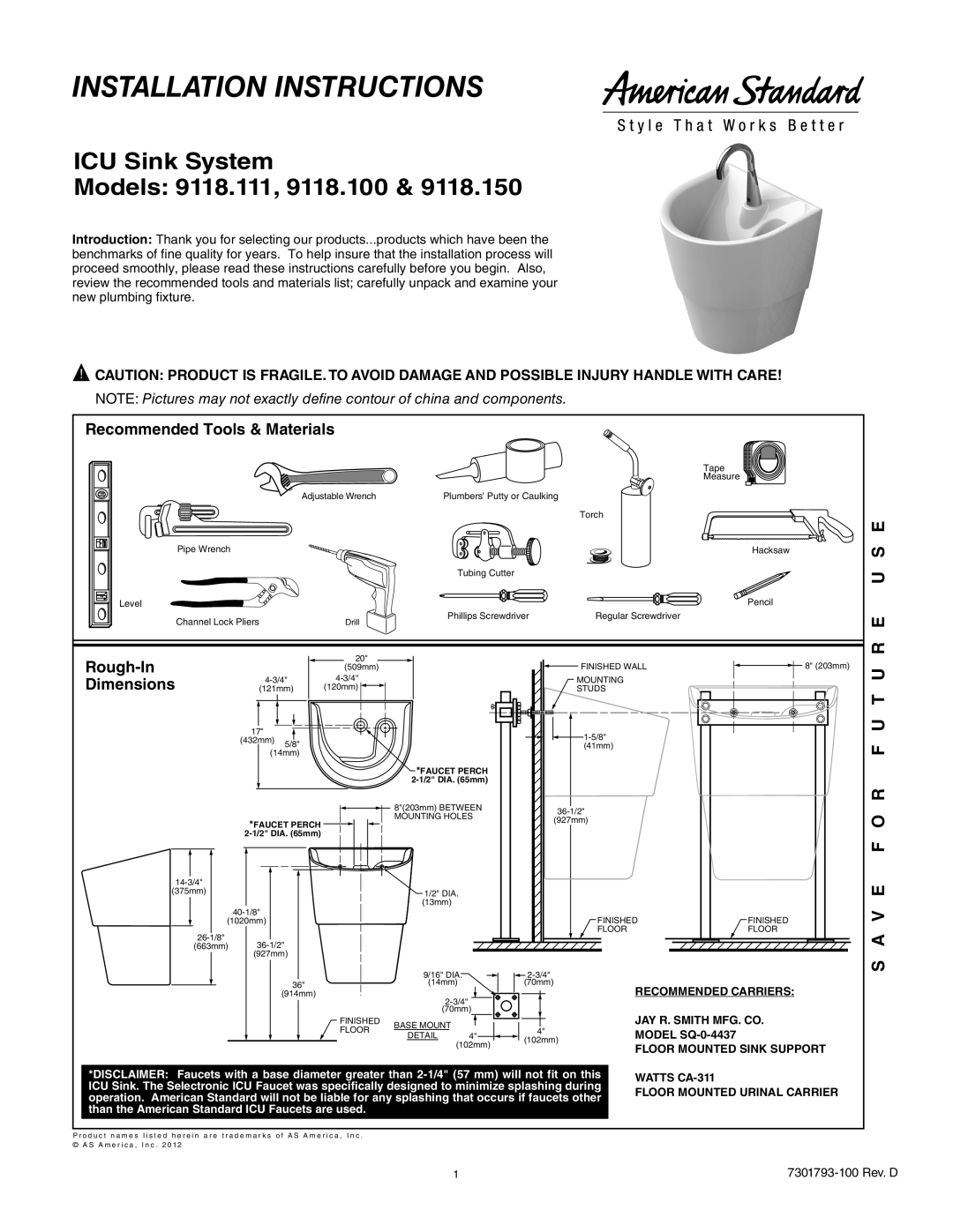 American Standard 9118.15, ICU Sink System, 9118.111 installation instructions Installation Instructions, Model SQ-0-4437 