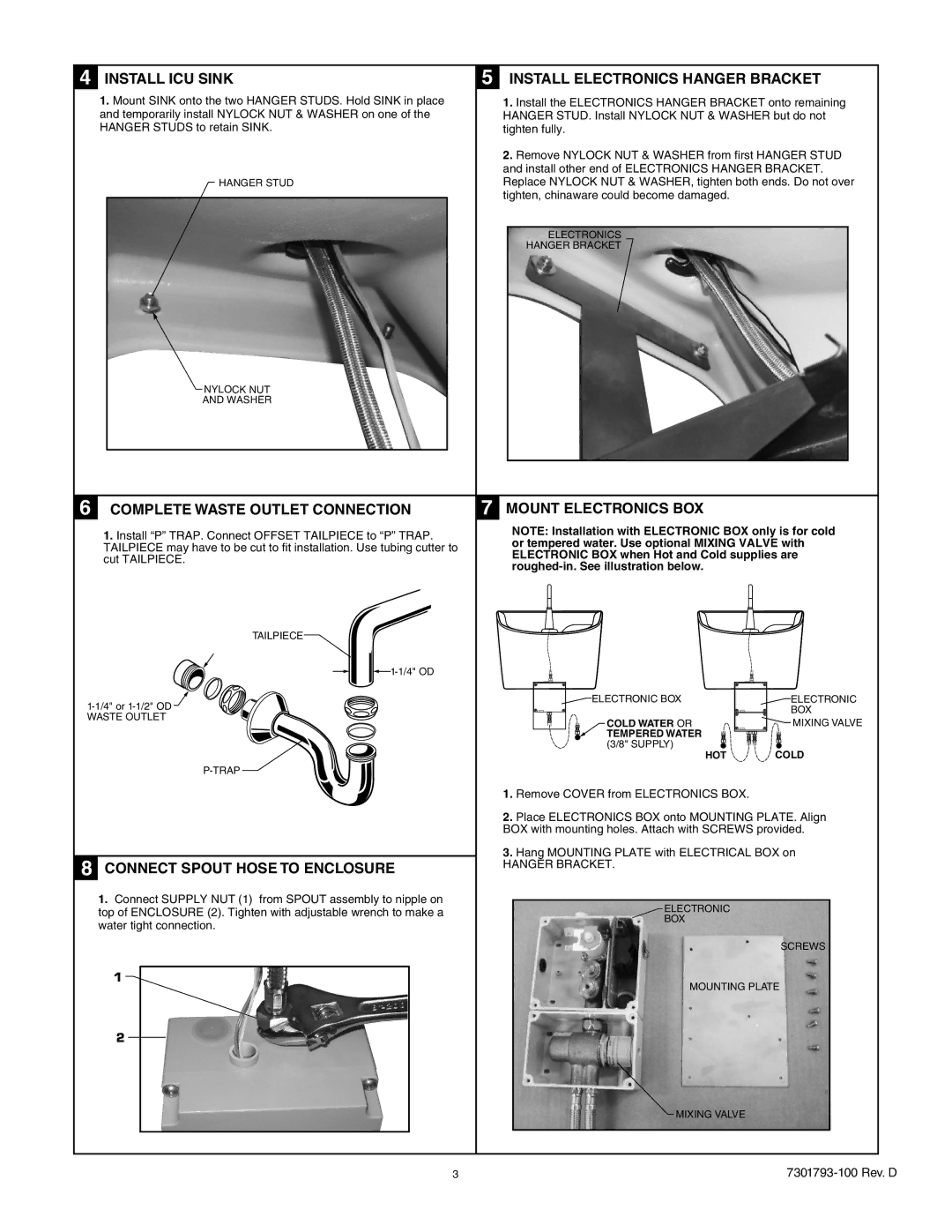 American Standard 9118.111, 9118.15 Install ICU Sink, Install Electronics Hanger Bracket, Complete Waste Outlet Connection 