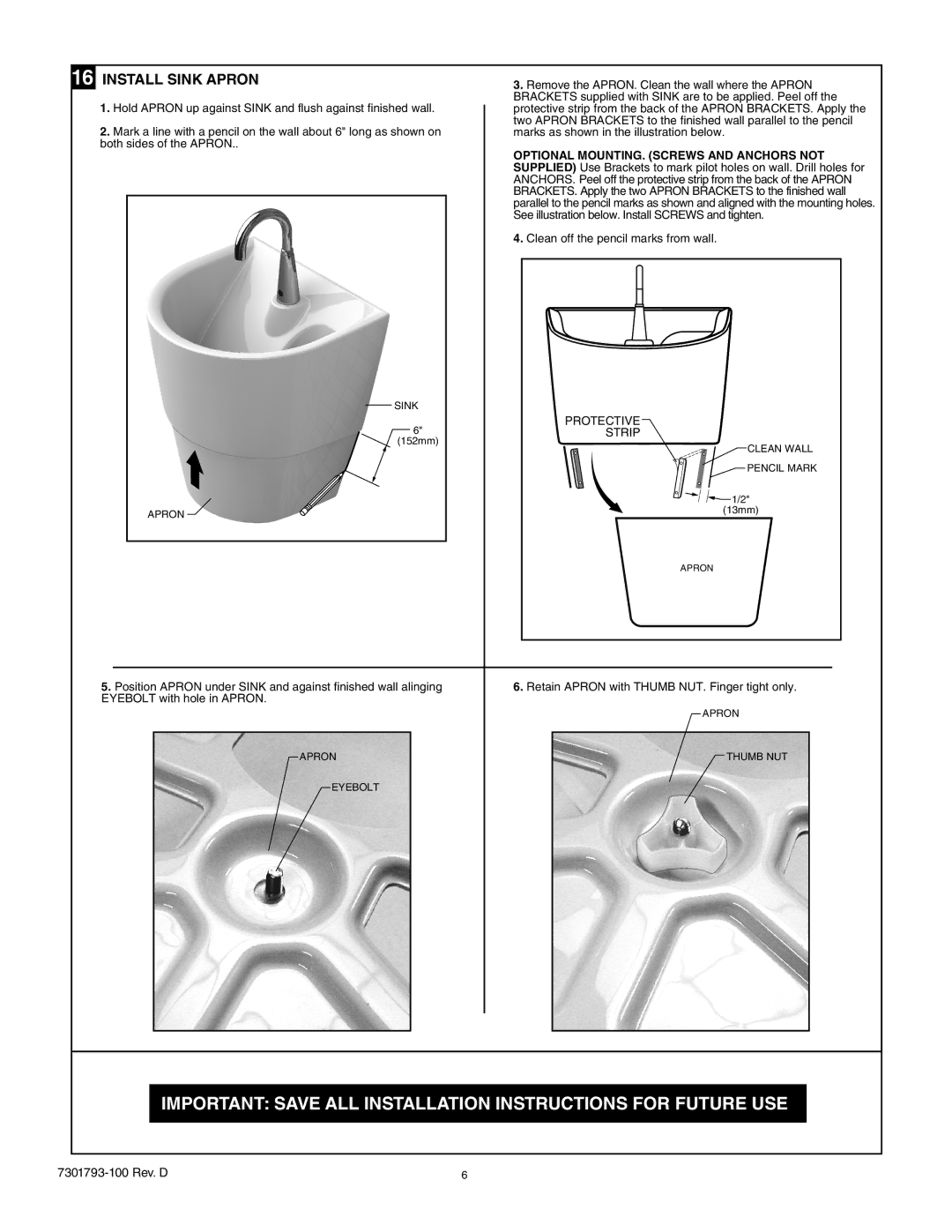 American Standard ICU Sink System, 9118.15, 9118.111 installation instructions Install Sink Apron, Protective Strip 