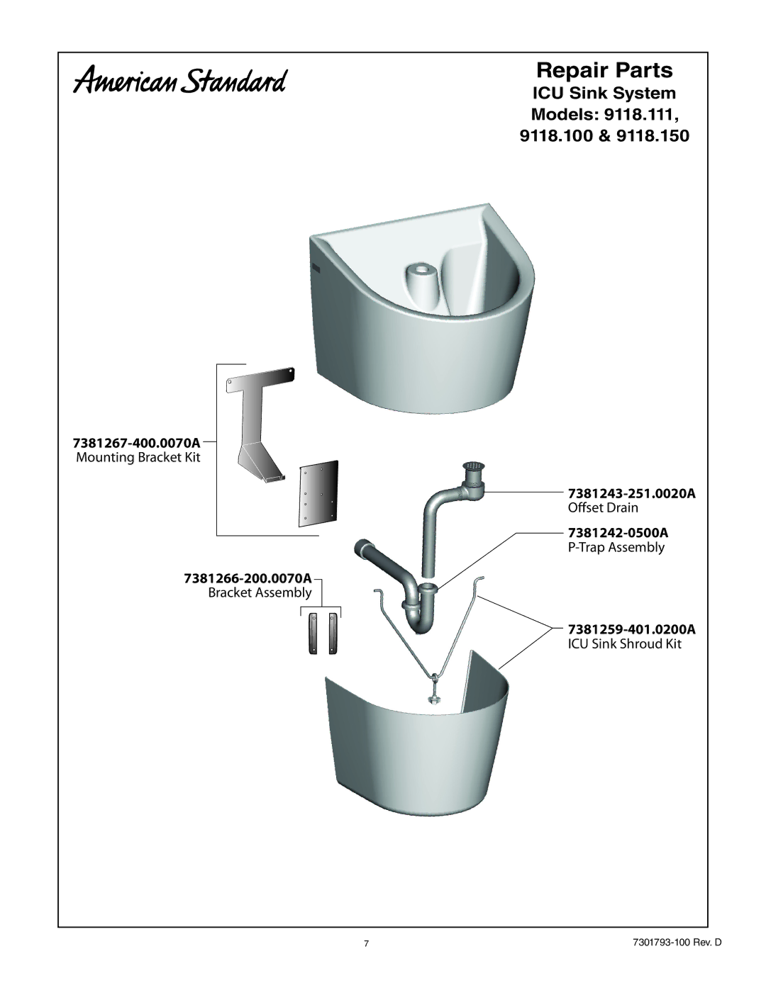 American Standard 9118.111, ICU Sink System, 9118.15 installation instructions Repair Parts 