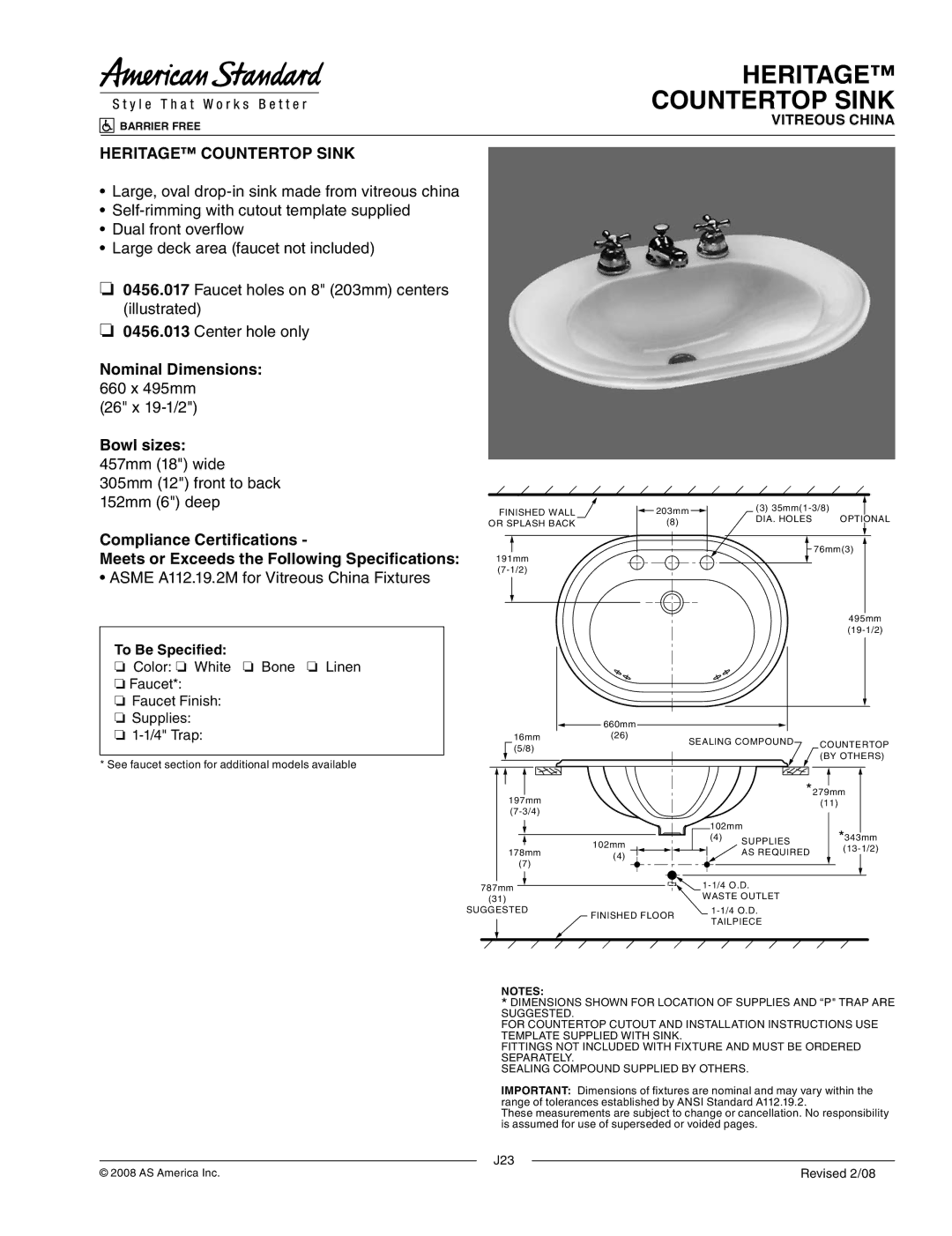 American Standard 0456.013 dimensions Heritage Countertop Sink, 26 x 19-1/2, Asme A112.19.2M for Vitreous China Fixtures 