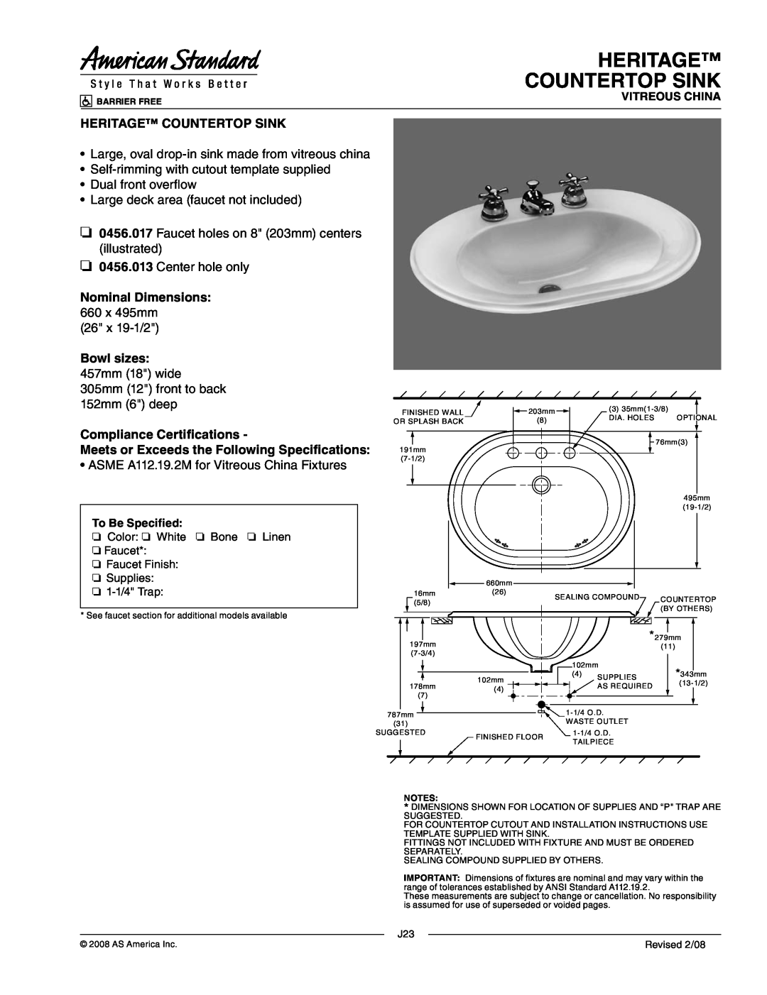 American Standard 0456.013, J23 dimensions Heritage Countertop Sink, Large, oval drop-insink made from vitreous china 