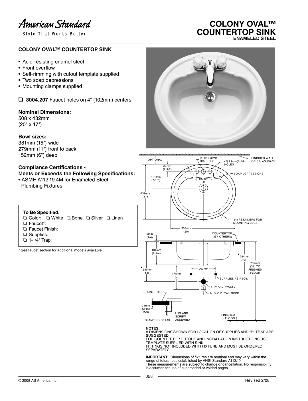 American Standard J58 dimensions Colony Oval Countertop Sink, 20 x, Asme A112.19.4M for Enameled Steel Plumbing Fixtures 