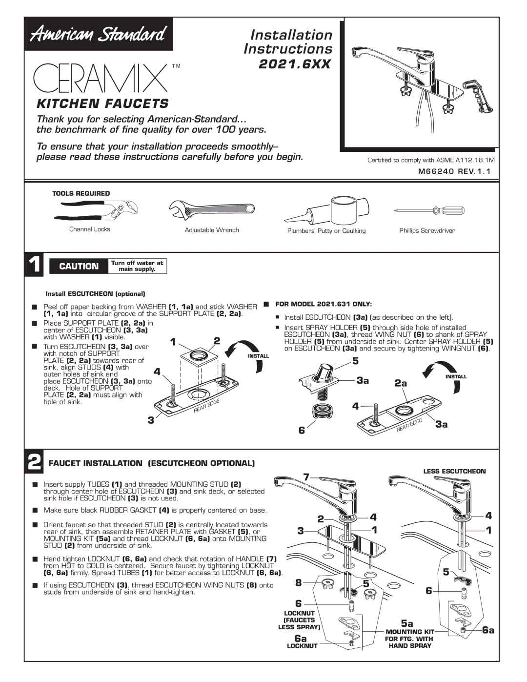 American Standard 2021.6XX installation instructions Installation Instructions, Faucet Installation Escutcheon Optional 