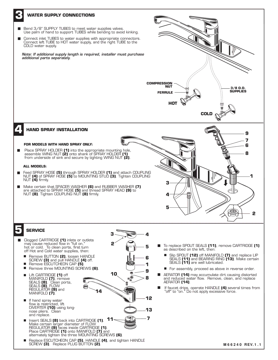 American Standard M66240, 2021.6XX Water Supply Connections, HOT Cold, Hand Spray Installation, Service 