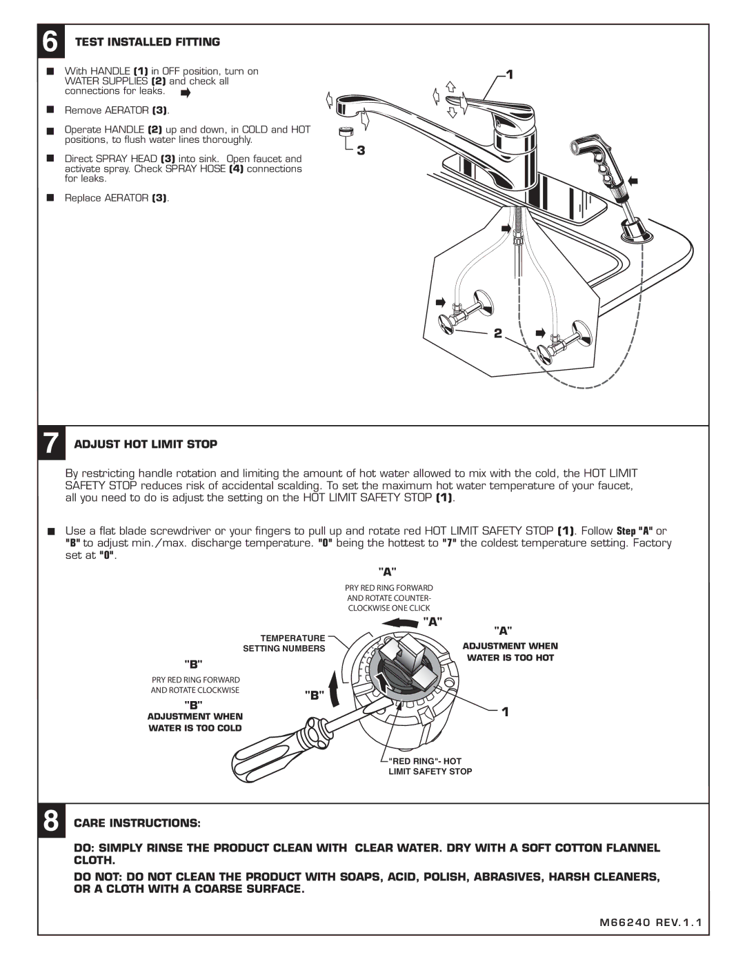 American Standard 2021.6XX, M66240 Test Installed Fitting, Adjust HOT Limit Stop, Care Instructions 