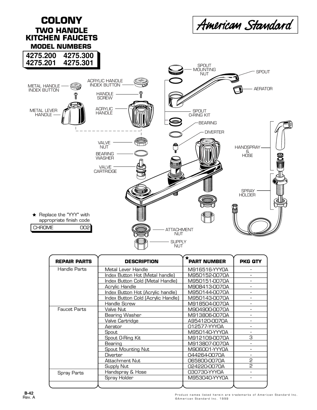 American Standard M916516-YYY0A, M908413-0070A manual Colony, TWO Handle Kitchen Faucets, 4275.200 4275.201, Chrome 