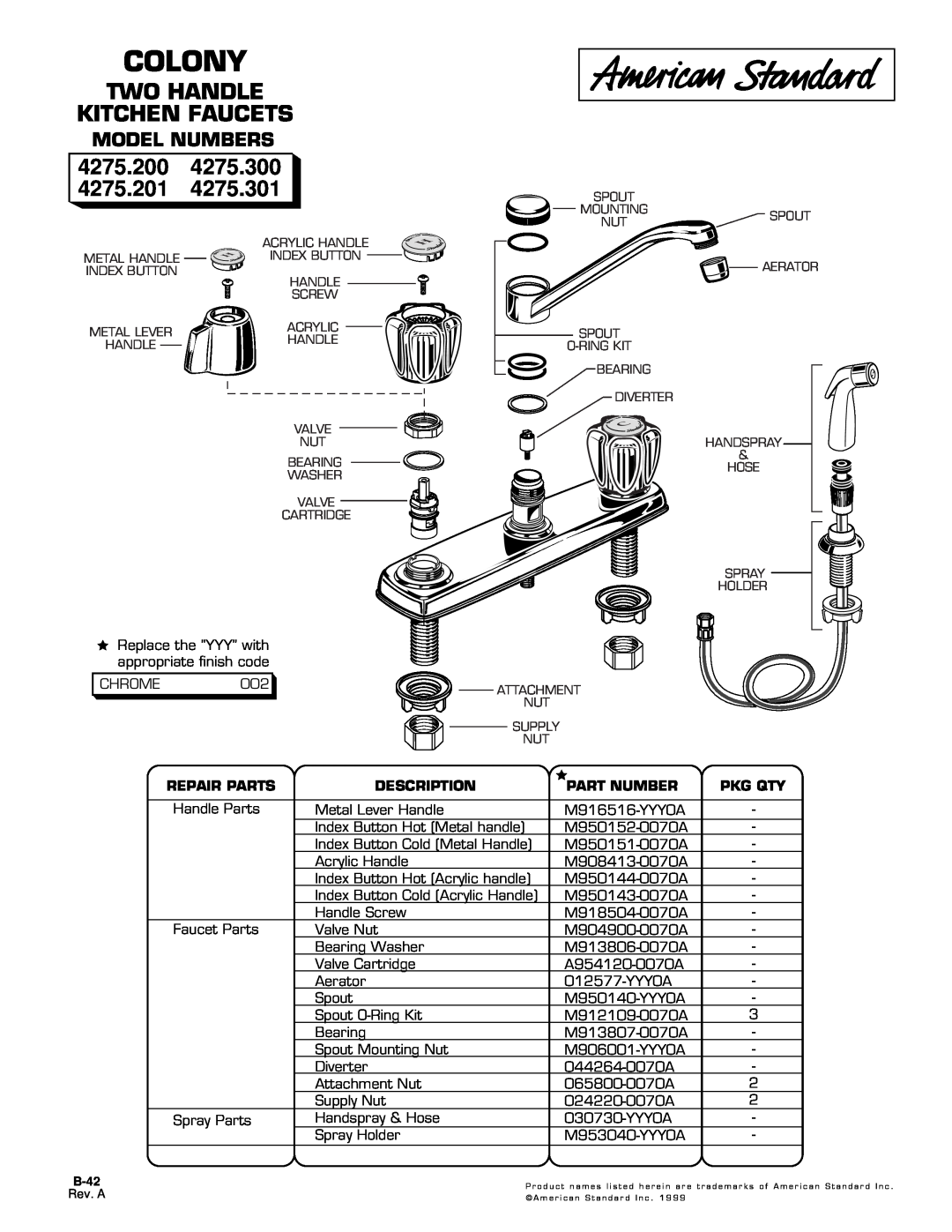 American Standard M916516-YYY0A manual Colony, Two Handle Kitchen Faucets, 4275.200, Model Numbers, Repair Parts, Pkg Qty 