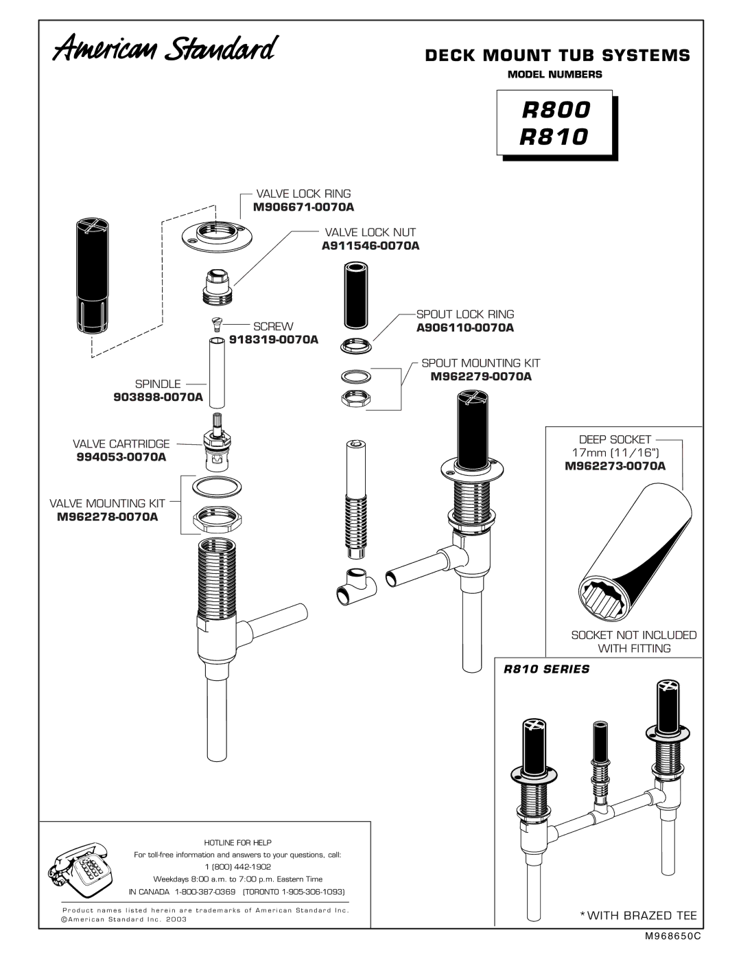 American Standard M950143-0070A, M950144-0070A, M961461-YYY0A manual R800 R810, With Brazed TEE 