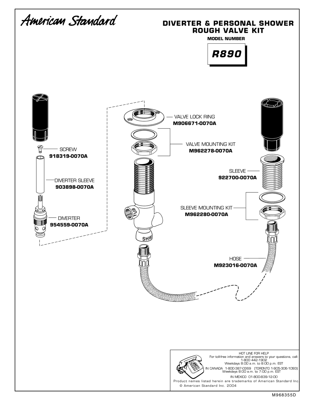 American Standard M950144-0070A, M950143-0070A, M961461-YYY0A manual R890 