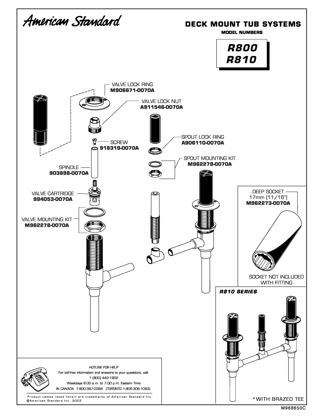 American Standard M950143-0070A manual R800 R810, Deck Mount Tub Systems, M906671-0070A, A911546-0070A, A906110-0070A 