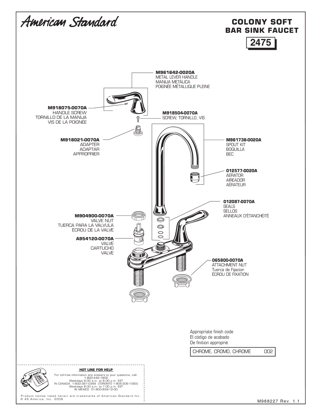 American Standard M904900-0070A, M961642-0020A, M918504-0070A, M918075-0070A, M918021-0070A manual 2475 