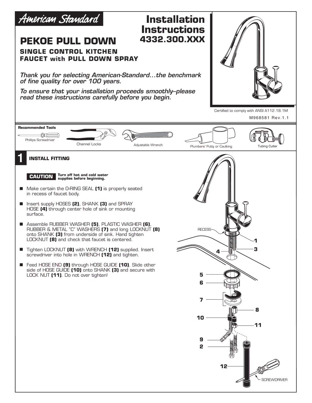 American Standard M962689-0070A, M962690-0070A installation instructions Installation Instructions, Install Fitting 