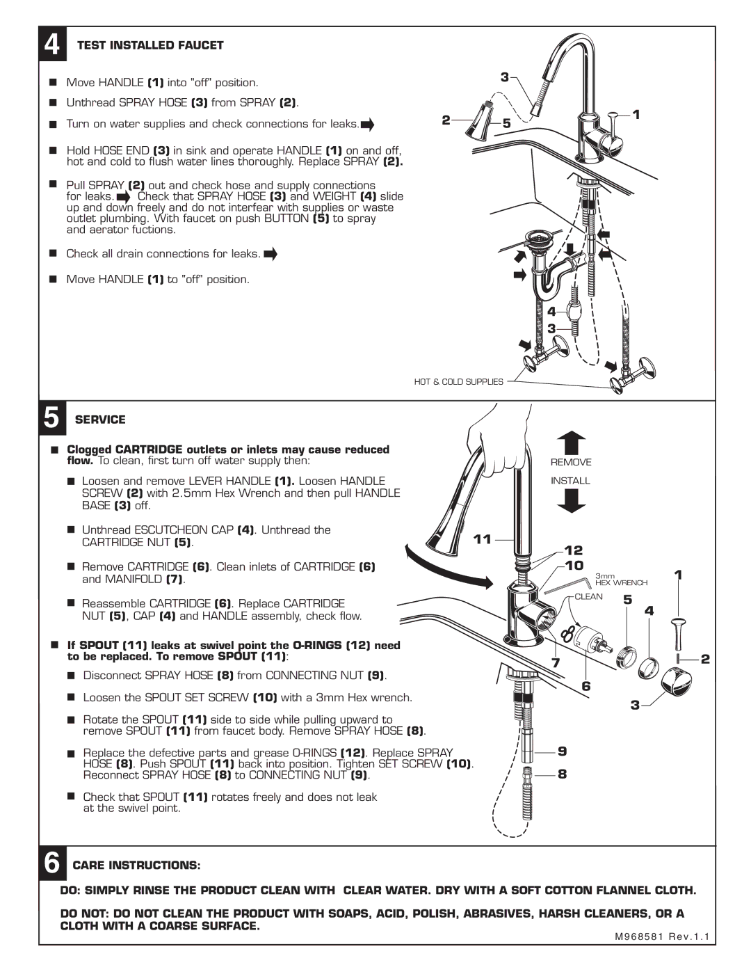 American Standard M962688-YYY0A, M962690-0070A, M962689-0070A, M962659-0070A, 4332.300.XXX Test Installed Faucet, Service 