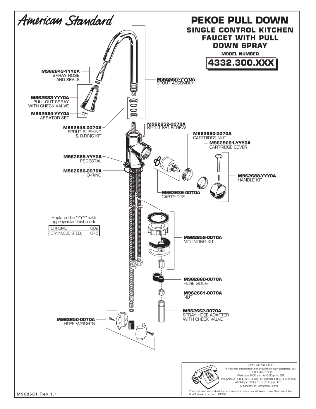 American Standard 4332.300.XXX, M962690-0070A, M962689-0070A, M962659-0070A, M962688-YYY0A installation instructions 