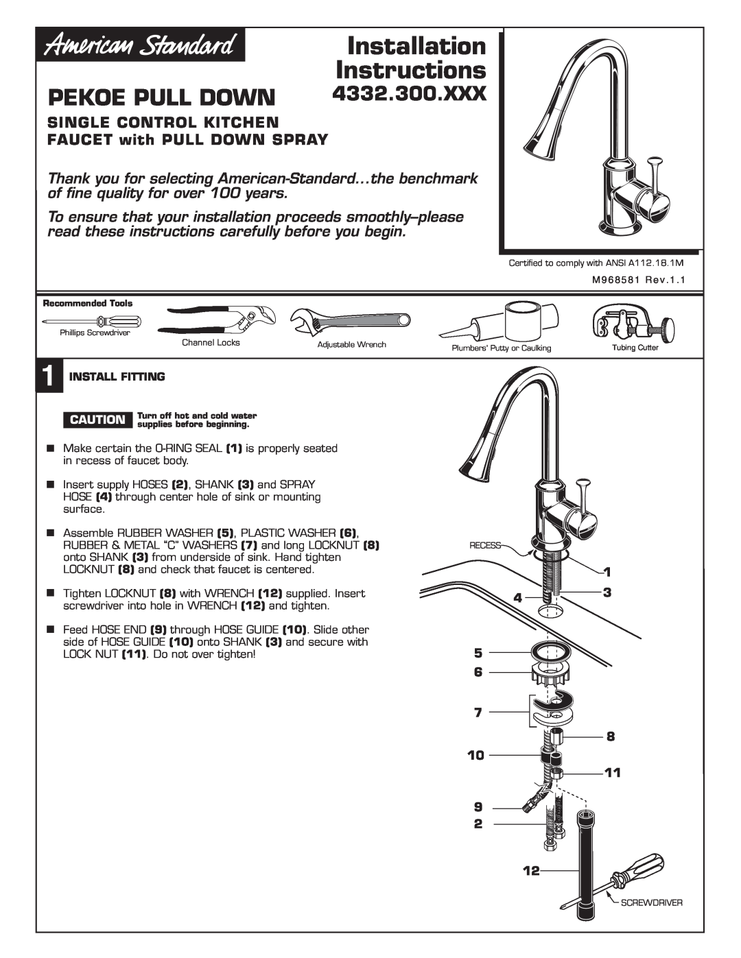 American Standard M962689-0070A, M962690-0070A installation instructions Pekoe Pull Down, Installation Instructions 