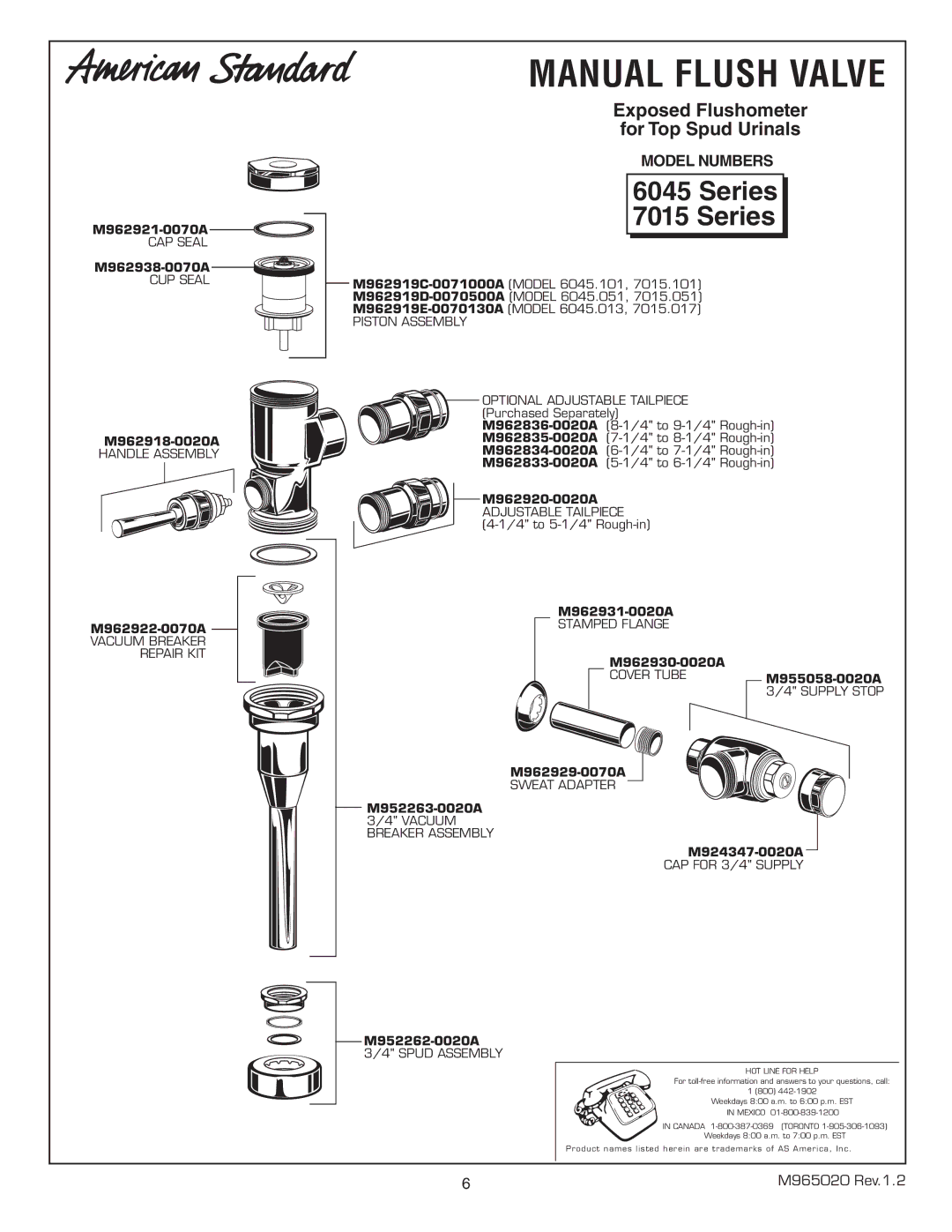 American Standard 7015.101), 7015.017), 7015.051) manual Manual Flush Valve, Series, Cover Tube, Supply Stop 