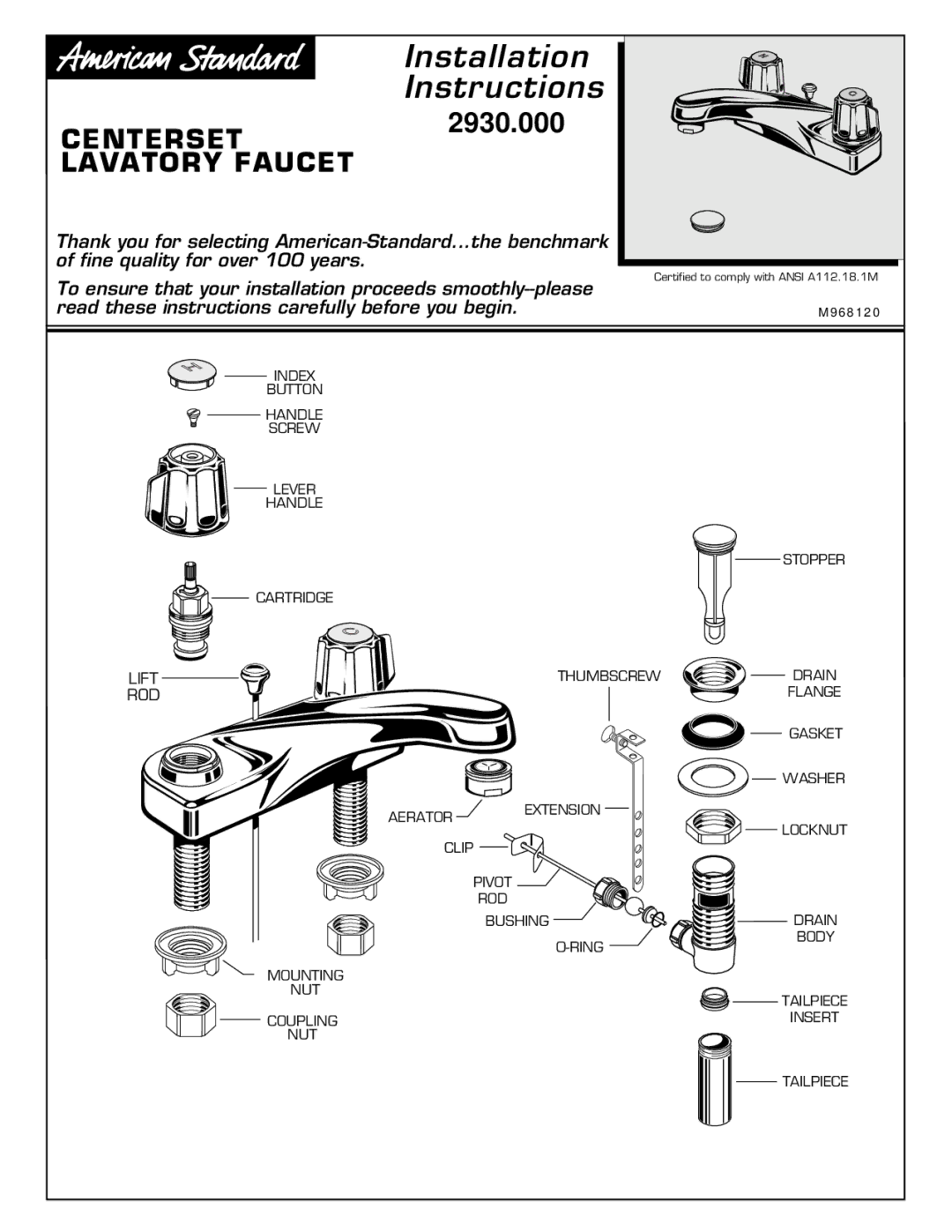 American Standard M968120 installation instructions Installation Instructions 