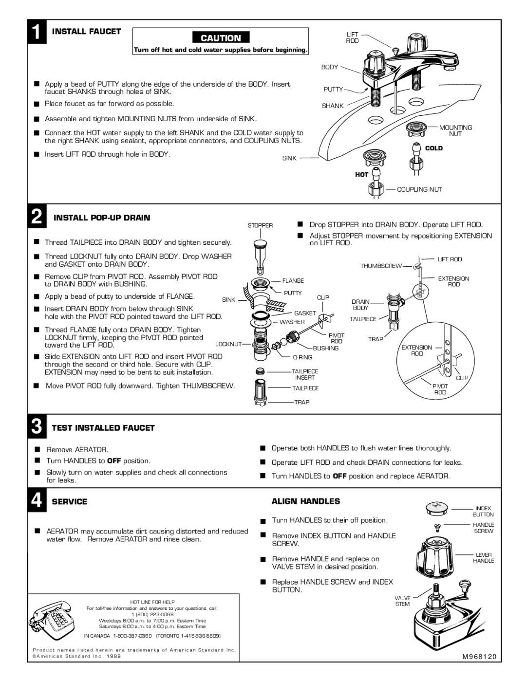 American Standard M968120 Install Faucet, Install POP-UP Drain, Test Installed Faucet, Service, Align Handles 