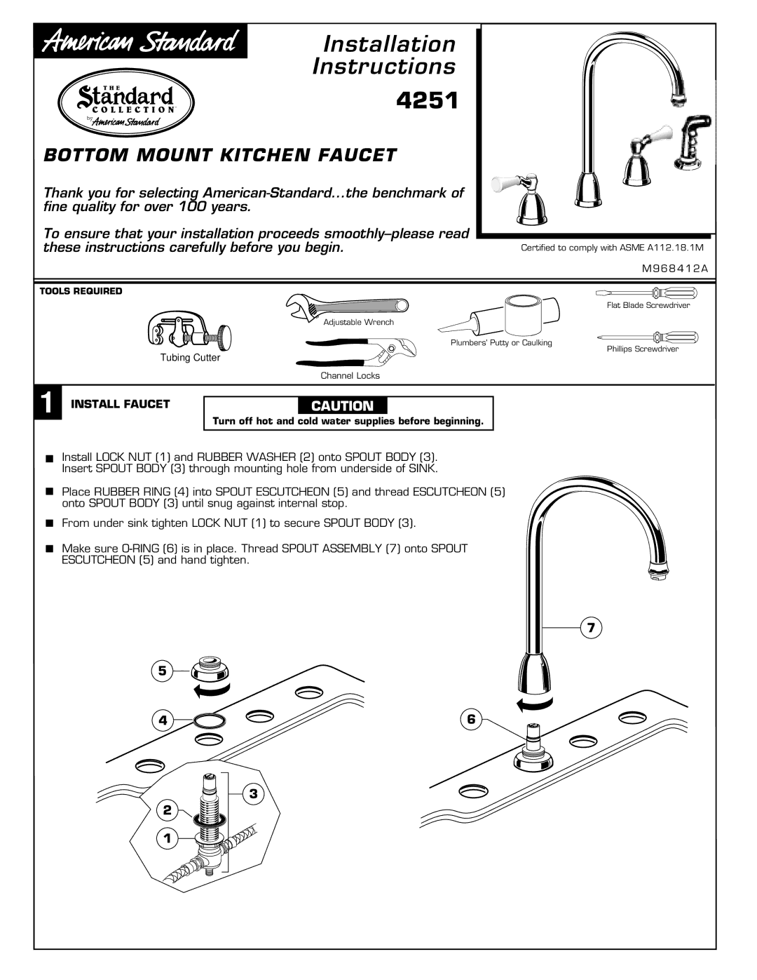 American Standard 4251, M968412A installation instructions Bottom Mount Kitchen Faucet, Install Faucet 