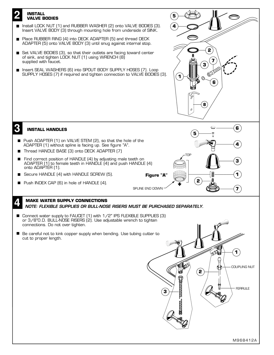 American Standard M968412A, 4251 installation instructions Install Valve Bodies, Install Handles 