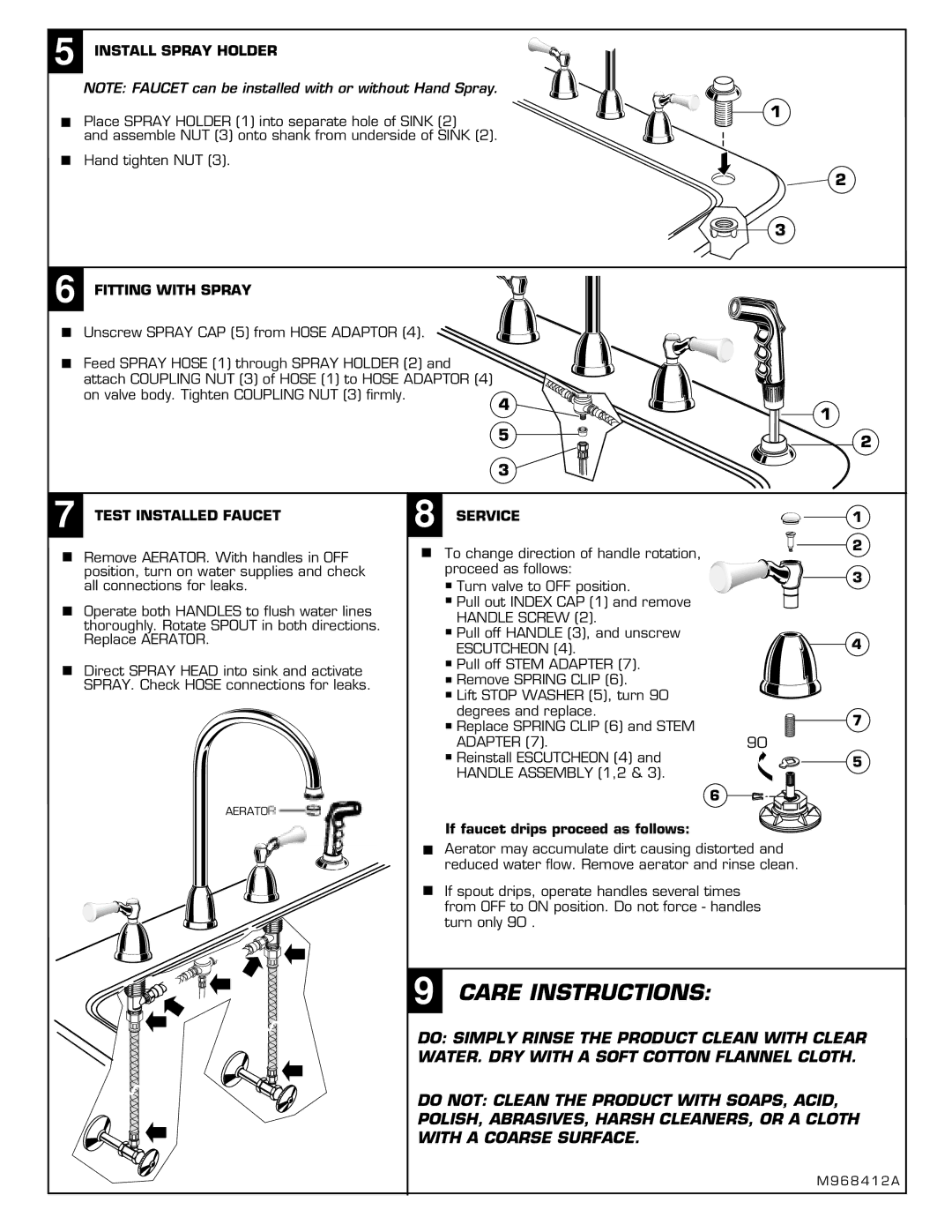 American Standard 4251 Care Instructions, Install Spray Holder, Fitting with Spray, Test Installed Faucet, Service 