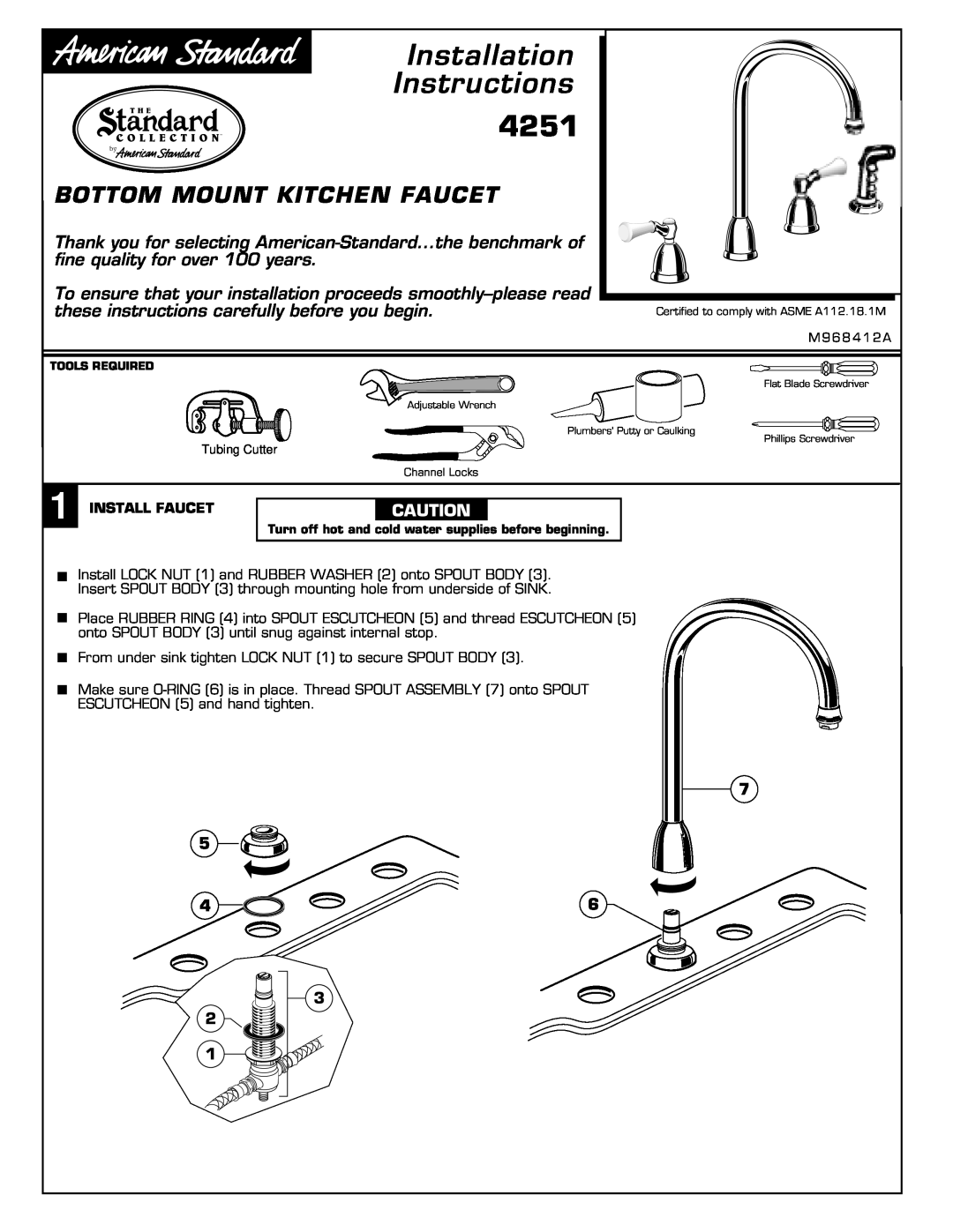 American Standard 4251, M968412A installation instructions Bottom Mount Kitchen Faucet, Installation Instructions 