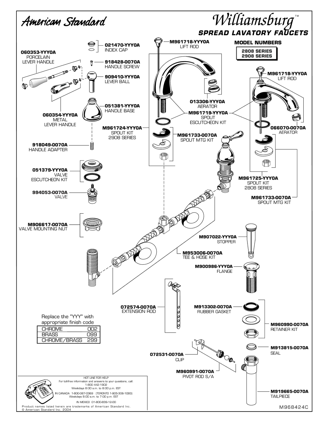 American Standard 2908 Series, M968424C manual Spread Lavatory Faucets, Model Numbers, CHROME002 BRASS099 CHROME/BRASS 