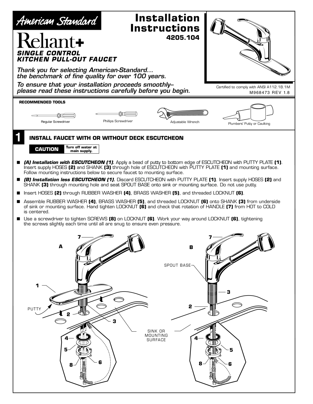 American Standard Single Control Kitchen Pull-Out Faucet installation instructions Installation Instructions, 4205.104 