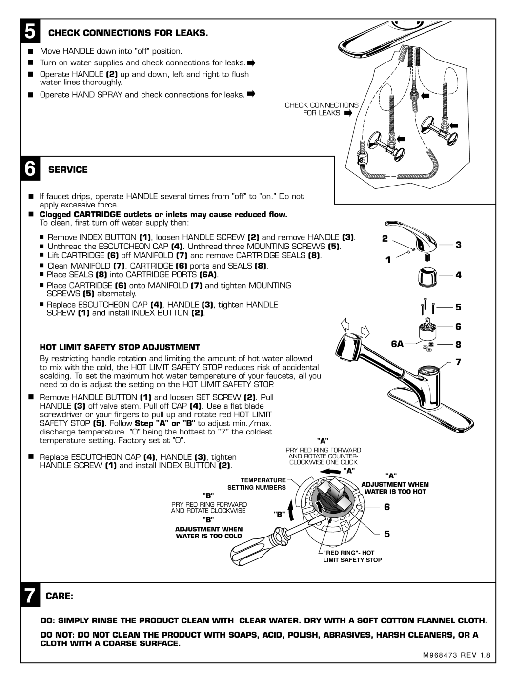 American Standard Single Control Kitchen Pull-Out Faucet, M968473 Check Connections For Leaks, Service, Care 