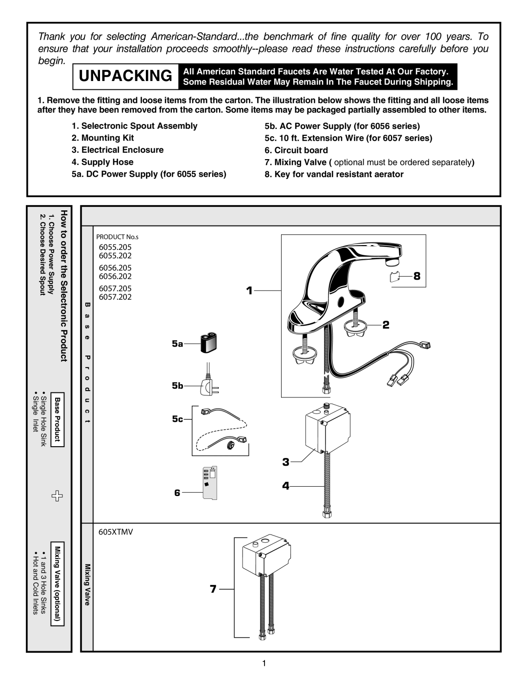 American Standard M968498 warranty Unpacking, Product 