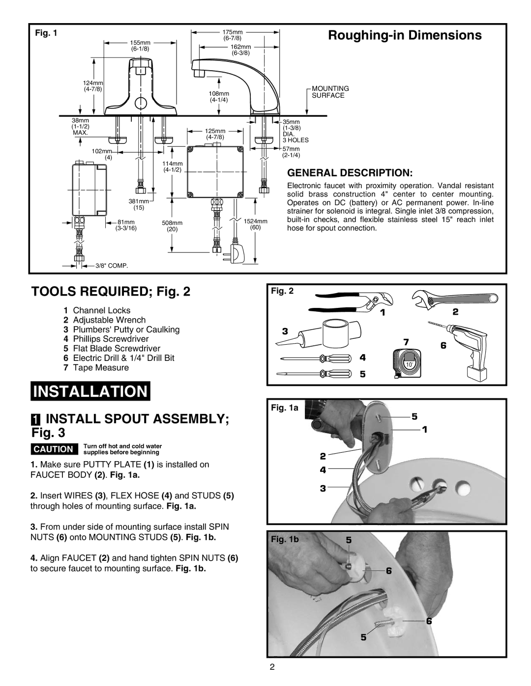 American Standard M968498 warranty Installation, Roughing-in Dimensions, Tools Required Fig, Install Spout Assembly Fig 